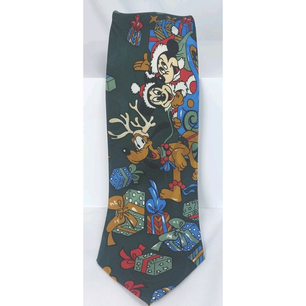 Vintage Disney Mickey Unlimited Green Christmas‎ Neck Tie Mickey, Minnie, Pluto